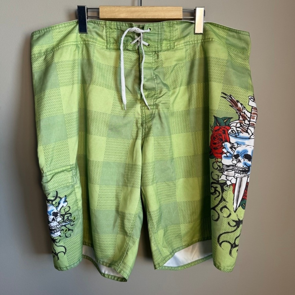 725 Originals Mens Green Checkered Skull Rose Board Shorts Swim Trunks Size XL
